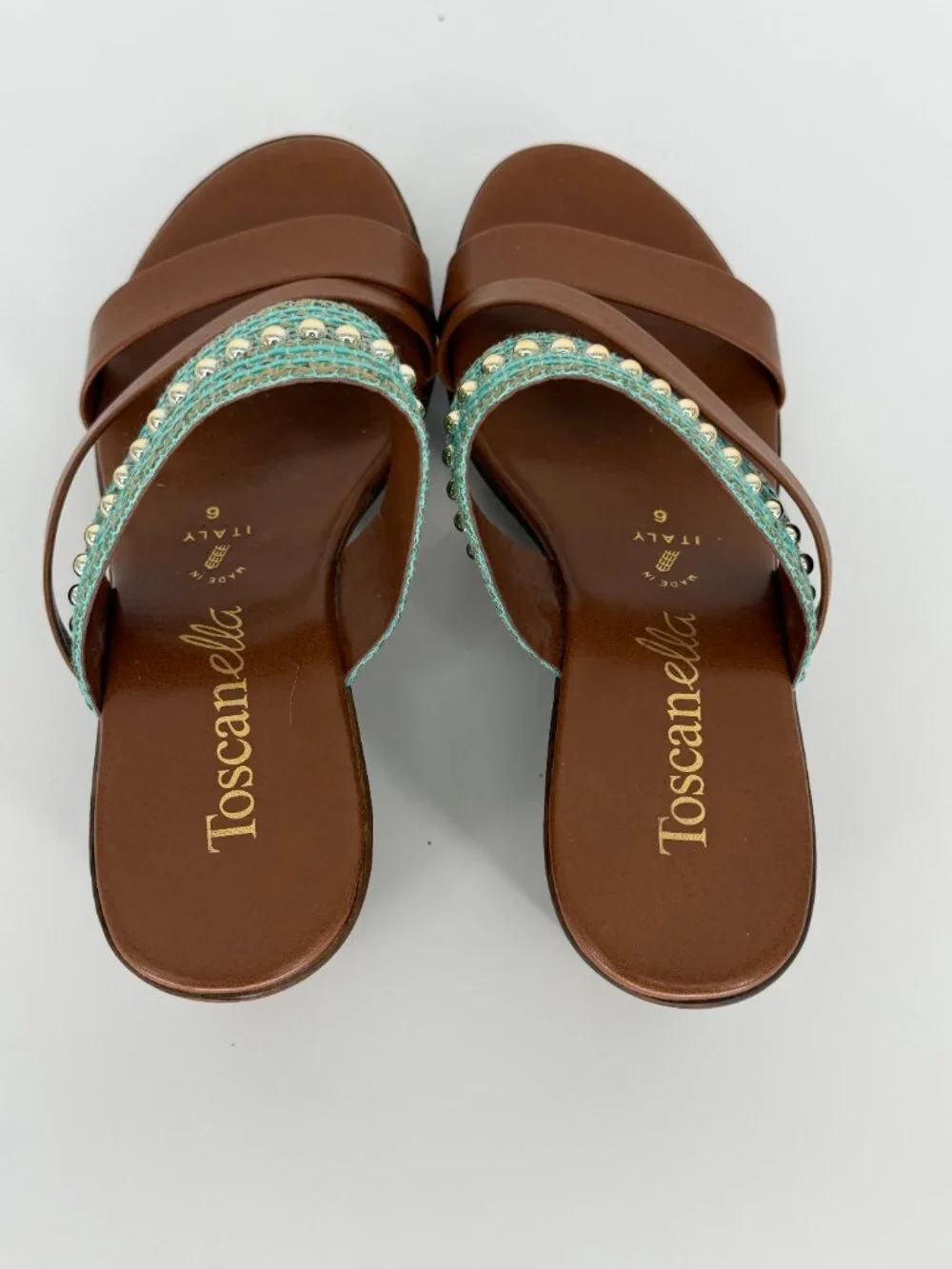 Toscanella Italian Leather Wedge Sandals - Teal Beaded Detail - Size 6 - Picture 5 of 6